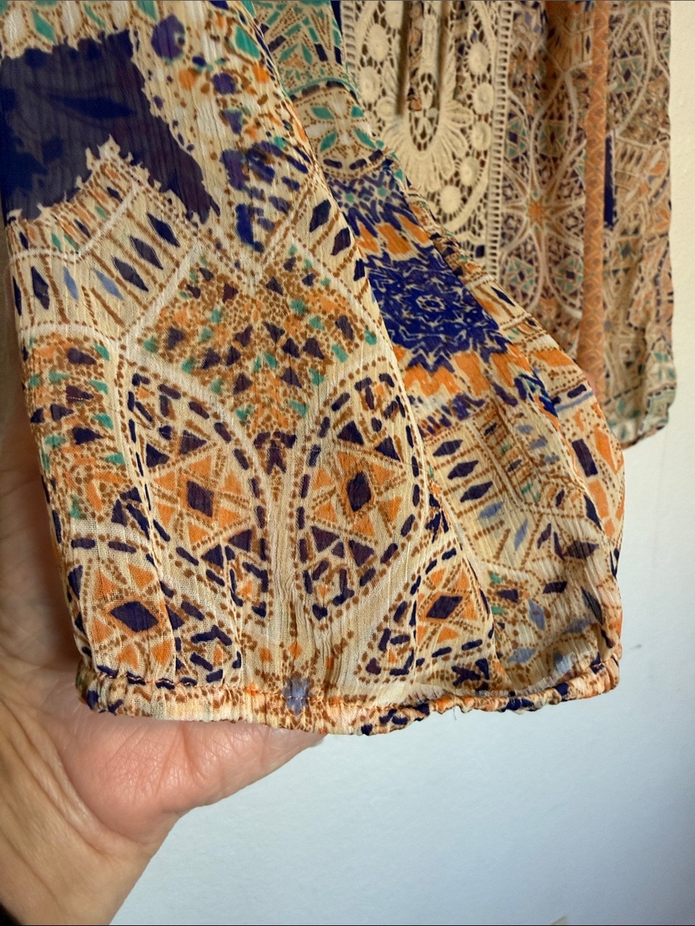 Anthropologie Meadow Rue Roselle Peasant Blouse Crochet Insert Semi Sheer Large - Picture 13 of 14